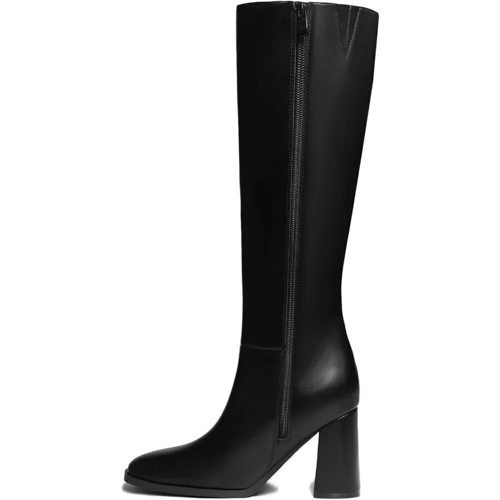 Women's Faux Leather Black Square Toe Side Zipper Chunky Heel Knee High Boots